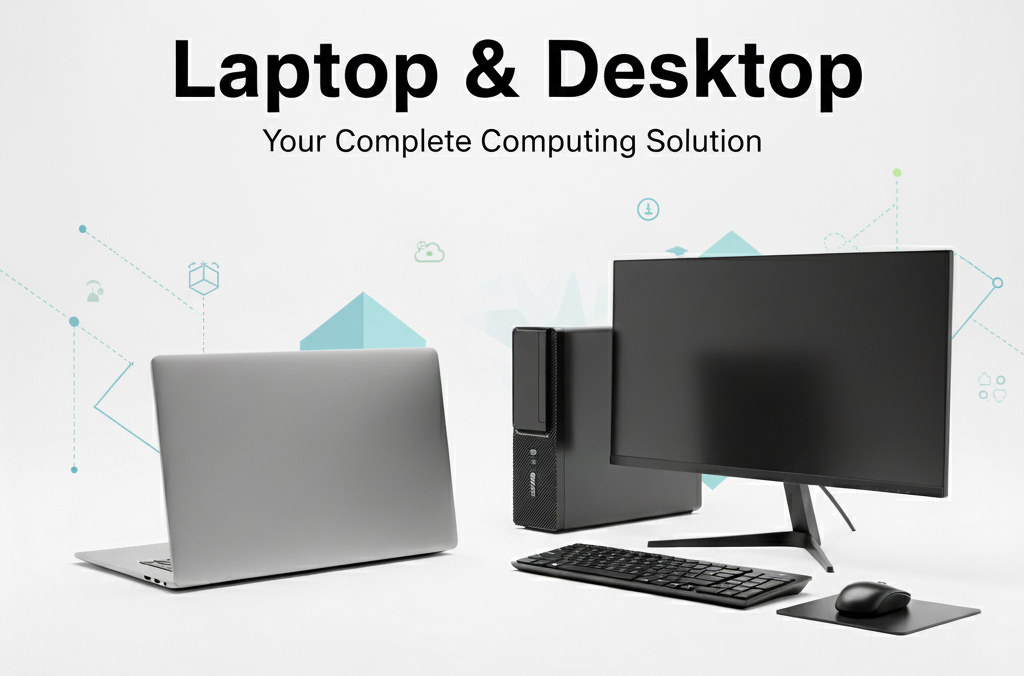 A collection of modern branded laptops and desktops in an office setting.